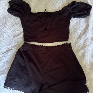 Express Linen Two-Piece Set - Black Linen Crop Top and Shorts Set